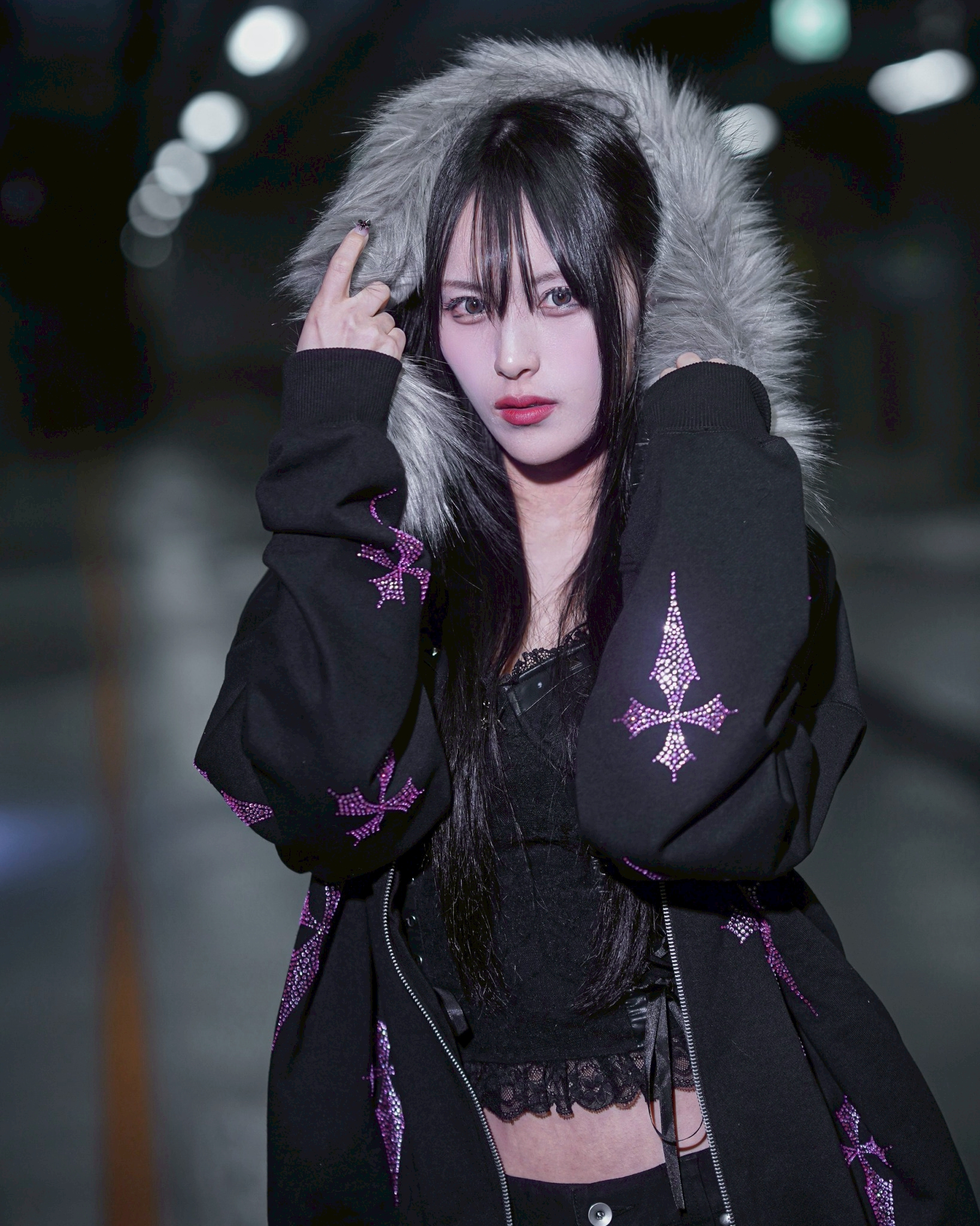 [REFLEM] Cross Pattern Rhinestones Zip-Up Hoodie with Fur Trim