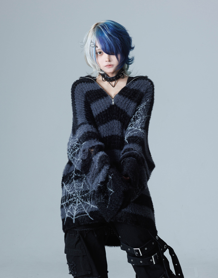 [Gamchu] Zakuro Checked Knit Feather Half-Zip Pullover