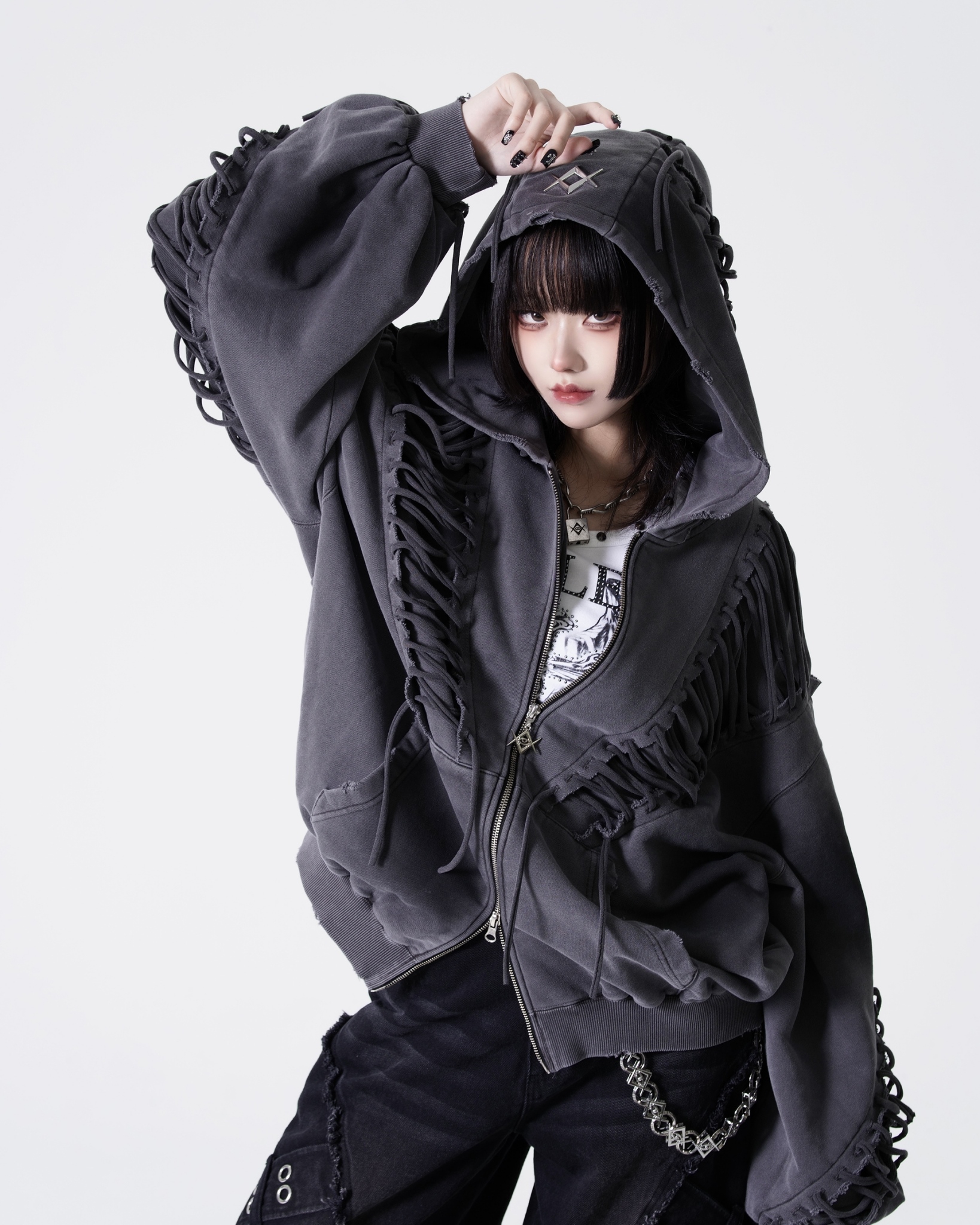 [REFLEM] Lace-Up Grunge Zip-Up Hoodie