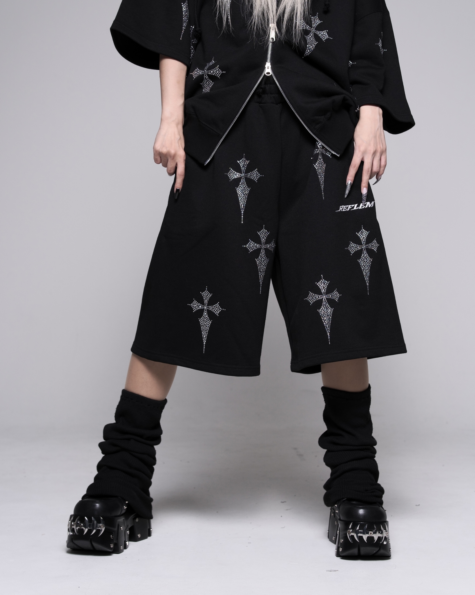 [REFLEM] Cross Pattern Rhinestone Sweat Shorts