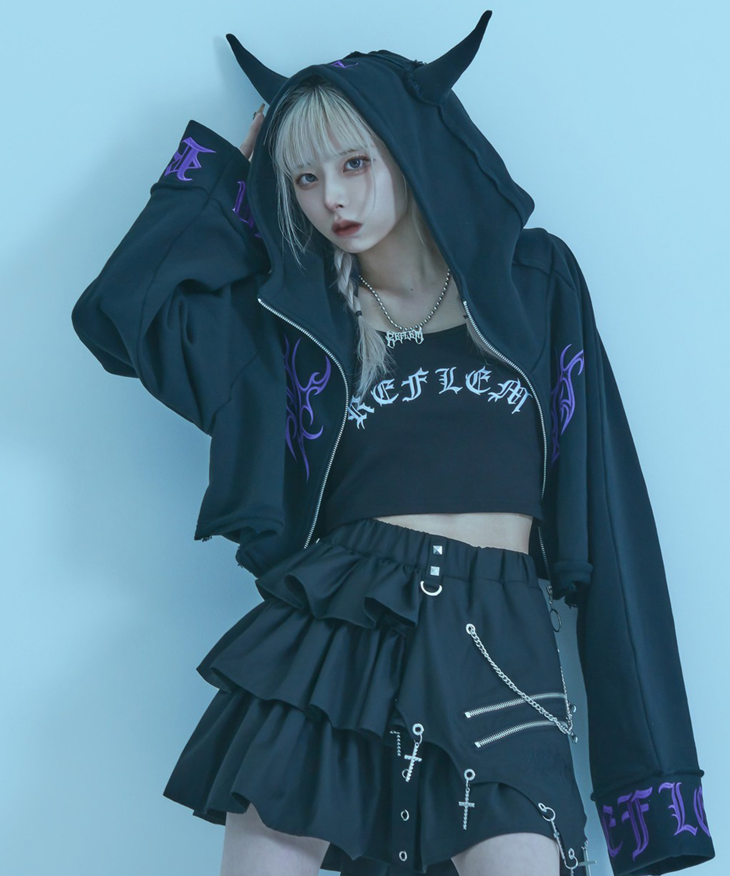 [REFLEM] DEVIL Design Cropped ZIP Hoodie