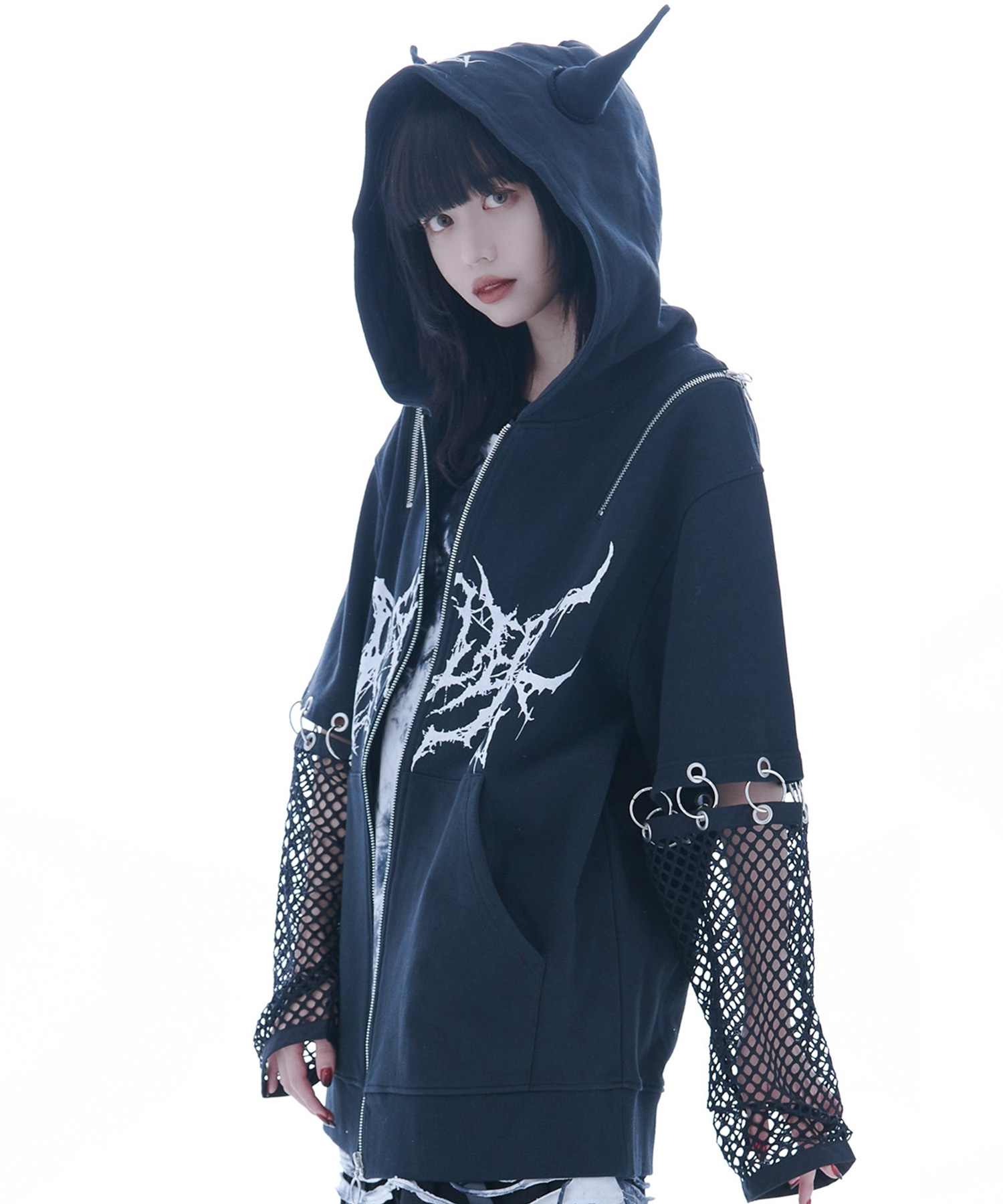 [REFLEM] Separate Sleeve Zip Hoodie with DEVIL Design