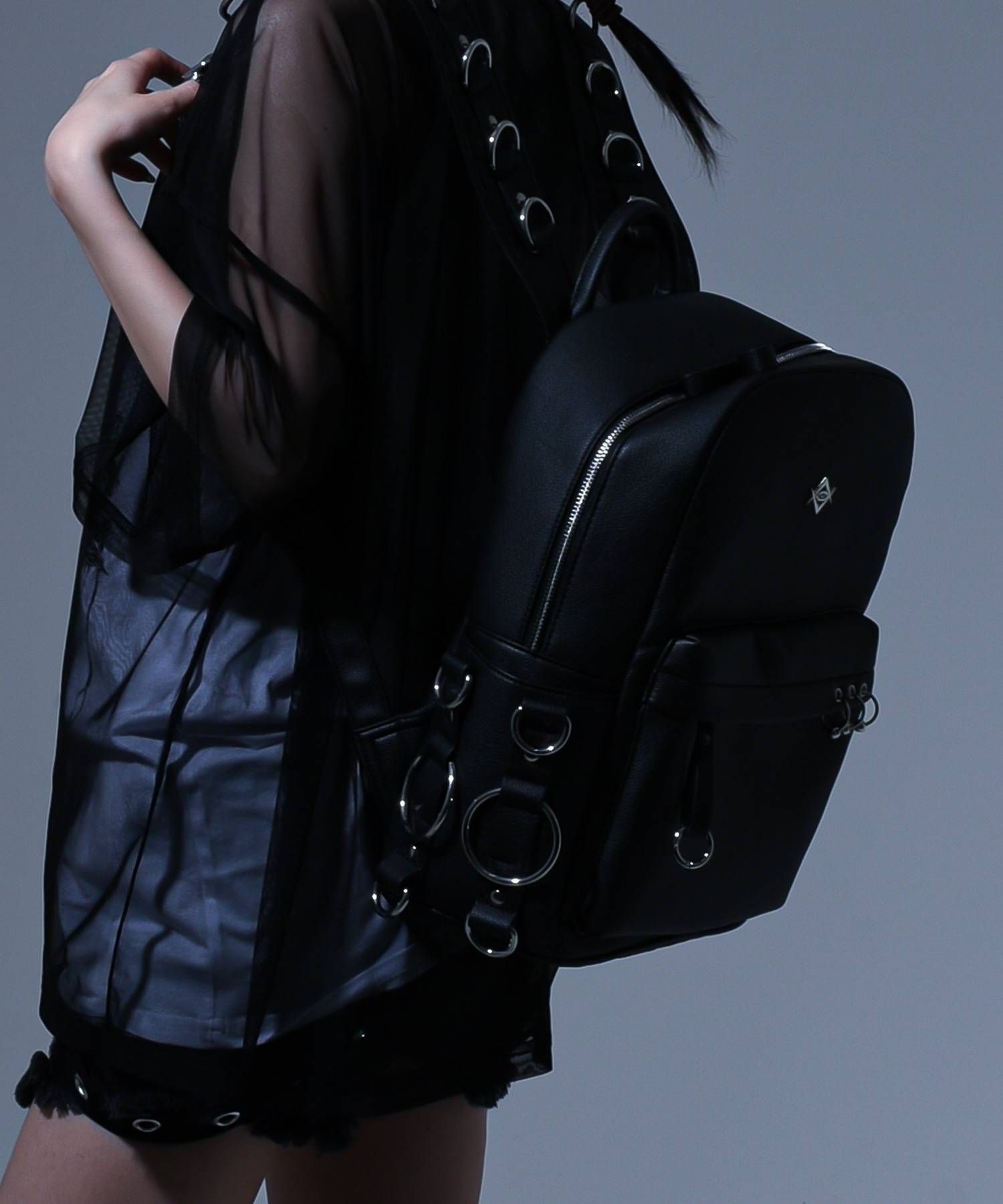 [REFLEM] Ring-Embellished PU Leather Backpack