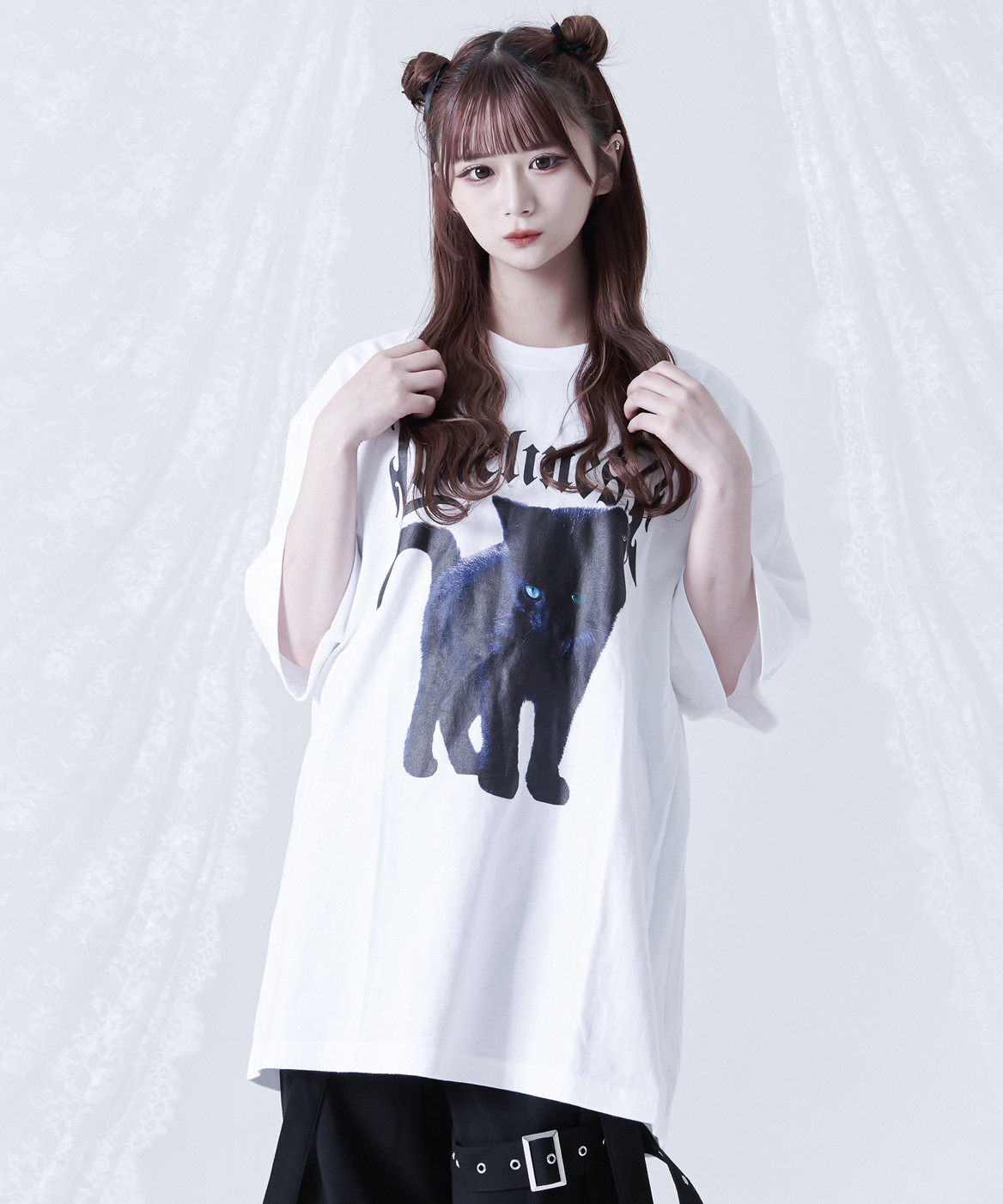 [TRAVAS TOKYO] Black Cat Print Half-Sleeve T-shirt