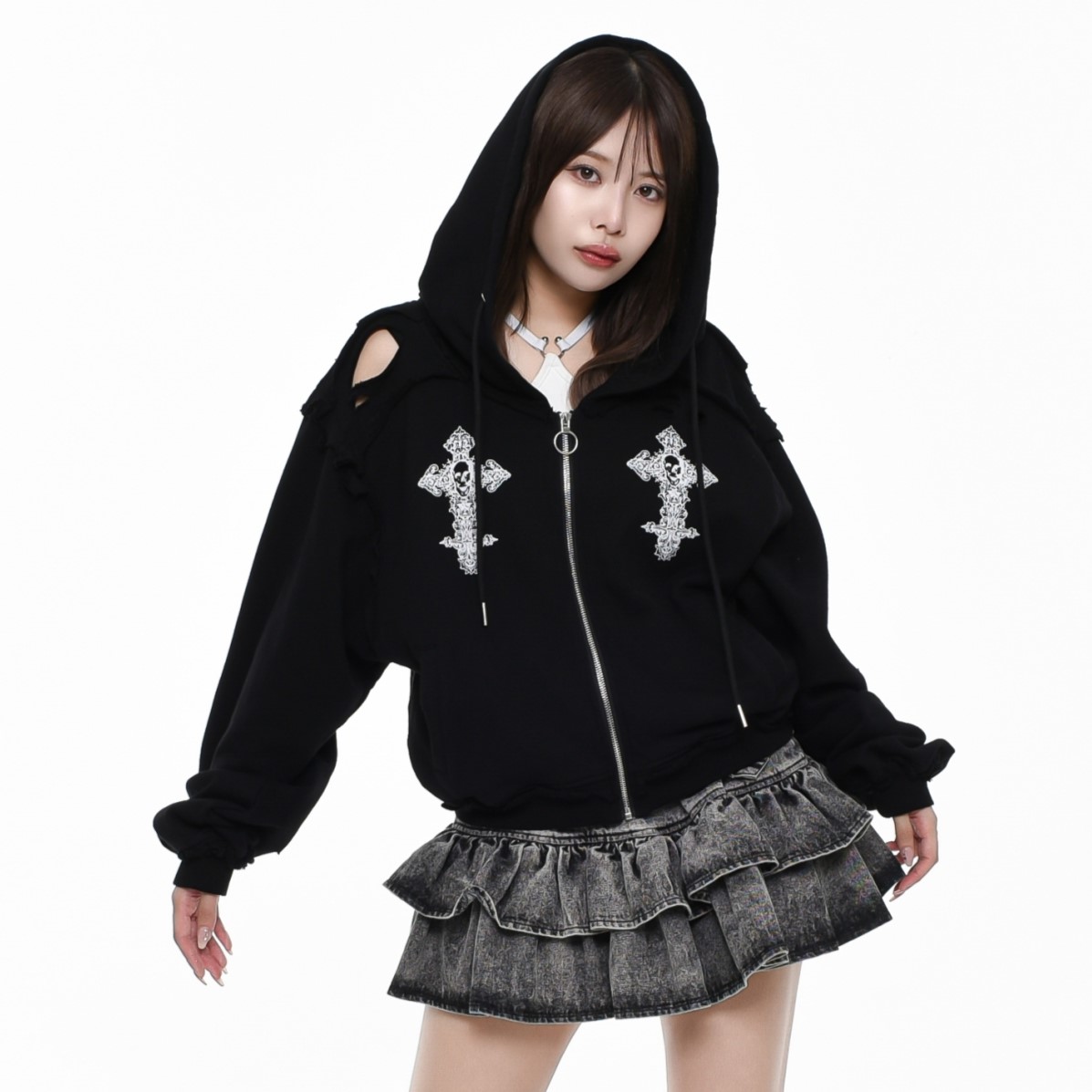 [REFLEM] Double Cross Cropped Zip-Up Hoodie