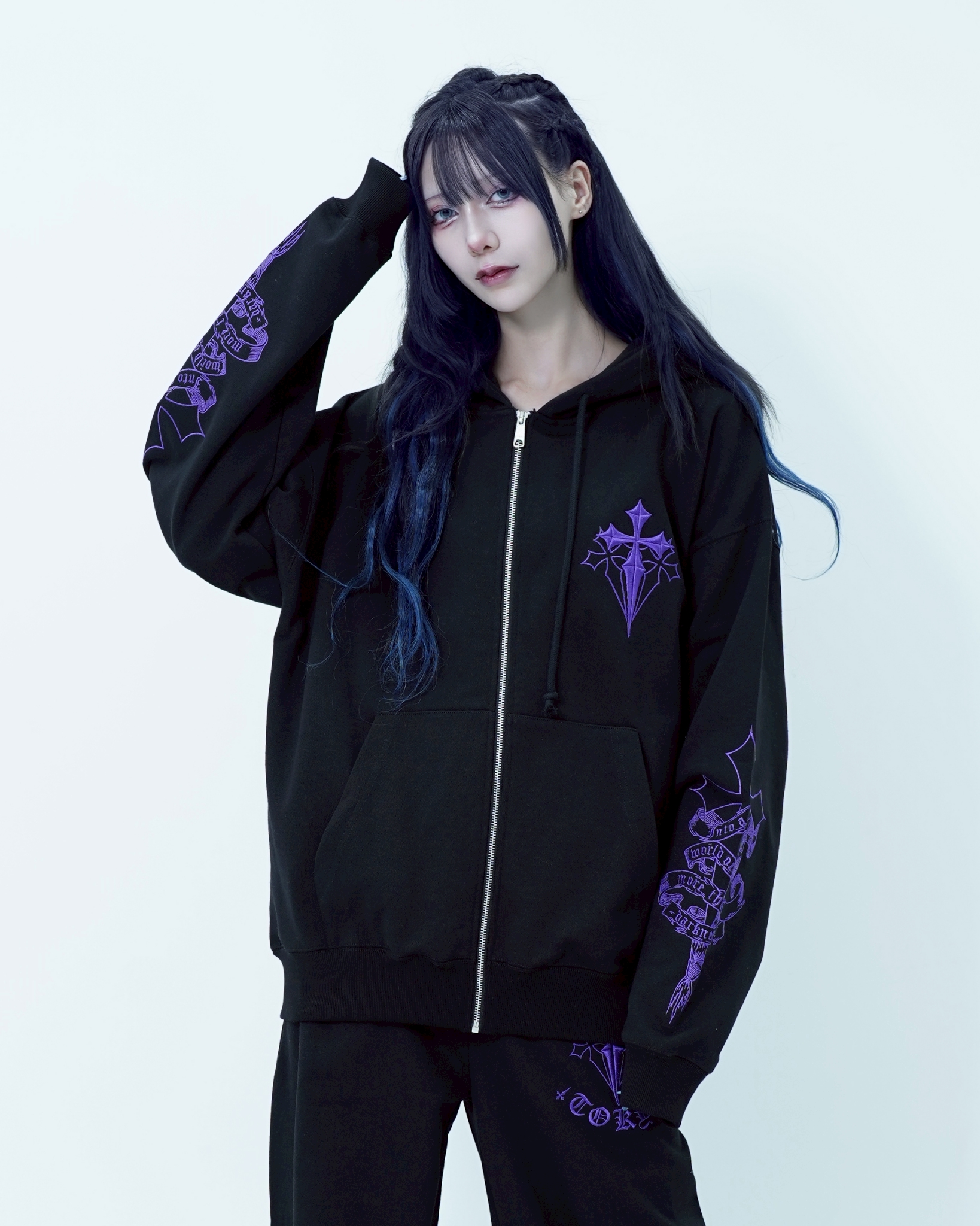 [REFLEM] Cross Embroidered Zip-Up Hoodie