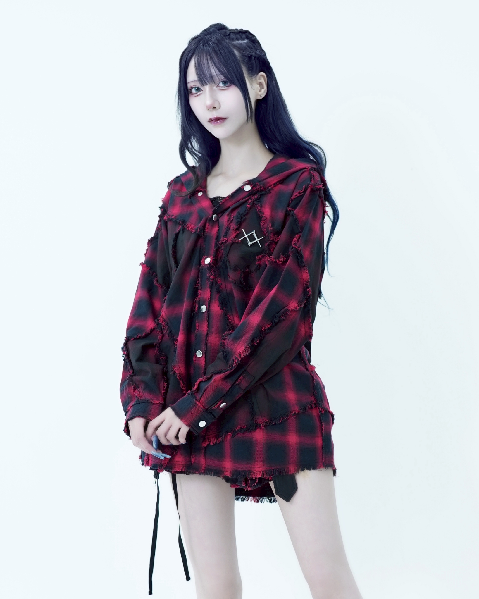[REFLEM] Patched Hooded Checked Shirt