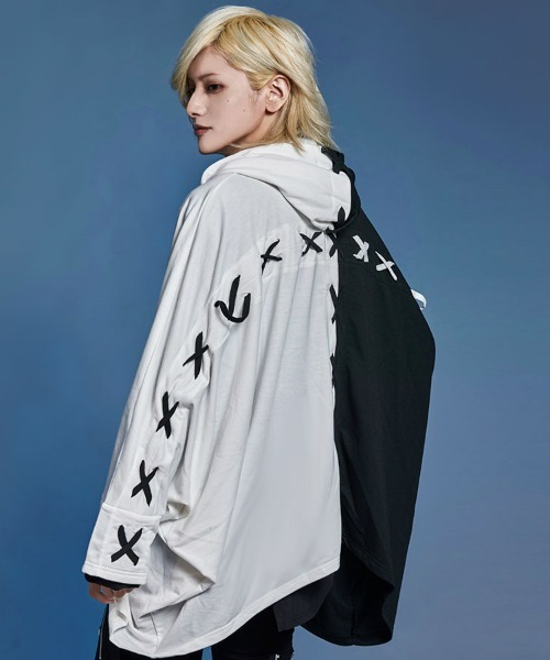[NOVESSEL] Back Cross Lace-Up Poncho Zip-Up Hoodie