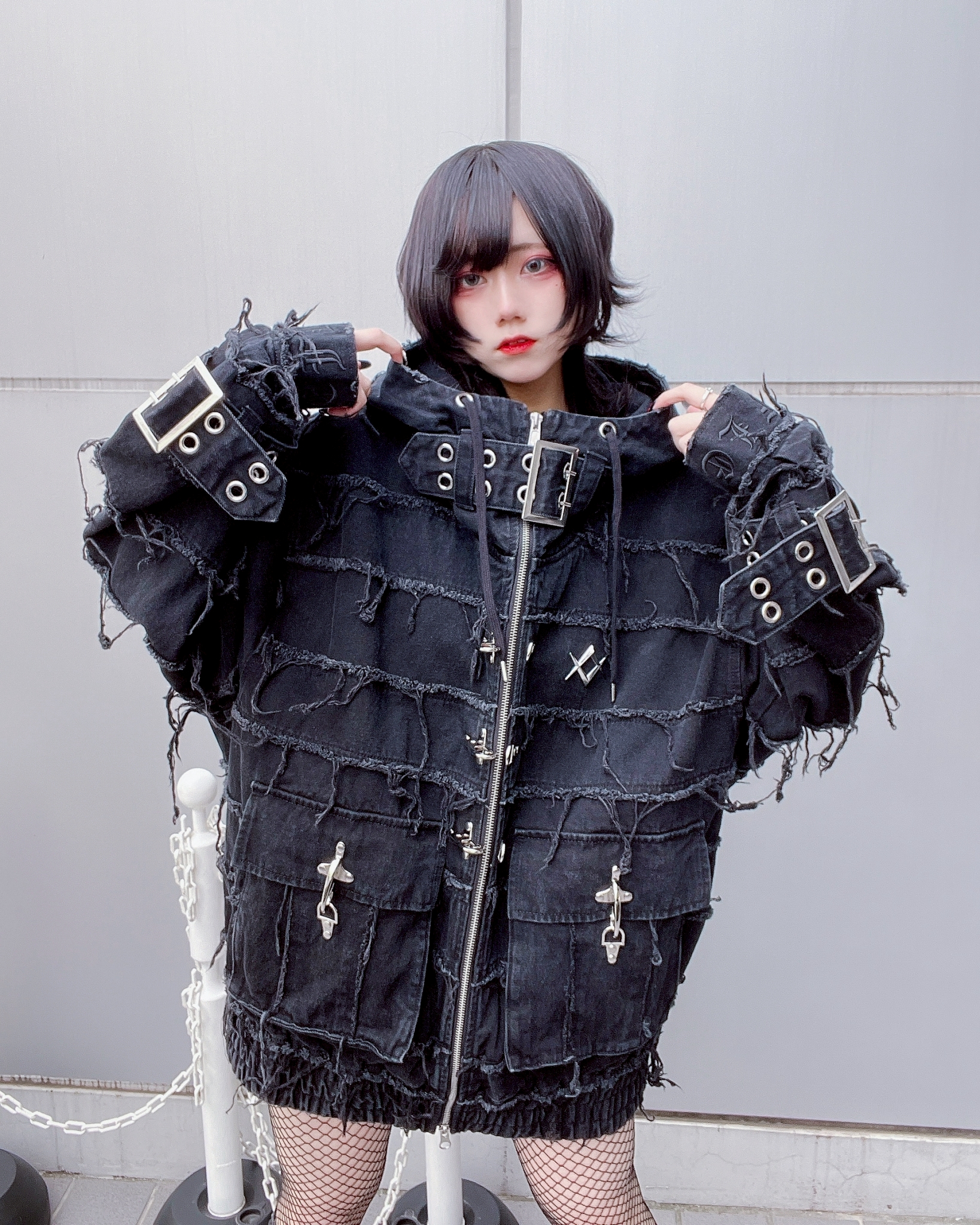 [REFLEM] Patchwork High-Neck Zip-Up Hoodie with Belt