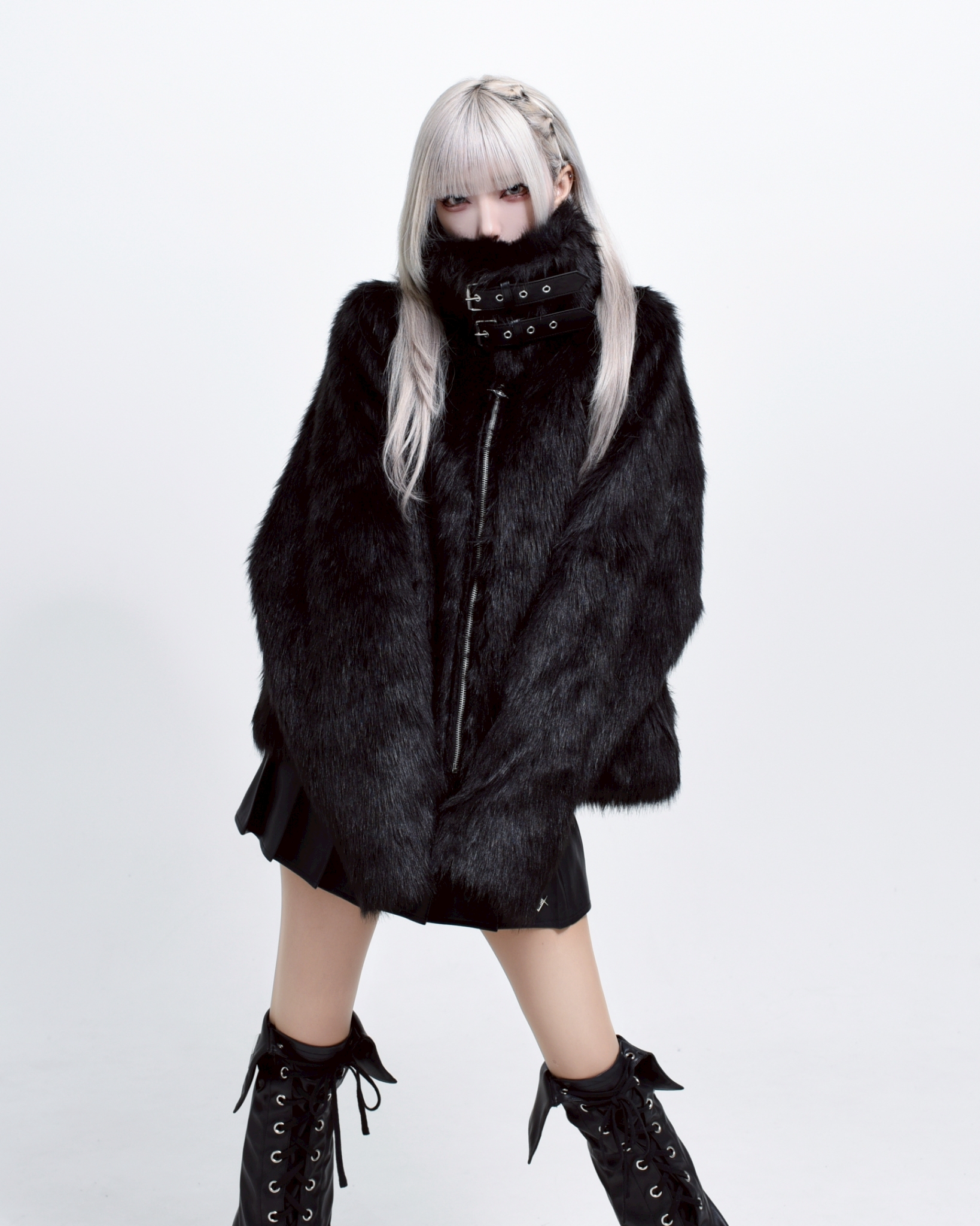 [REFLEM] Cropped Fur Jacket with Belts