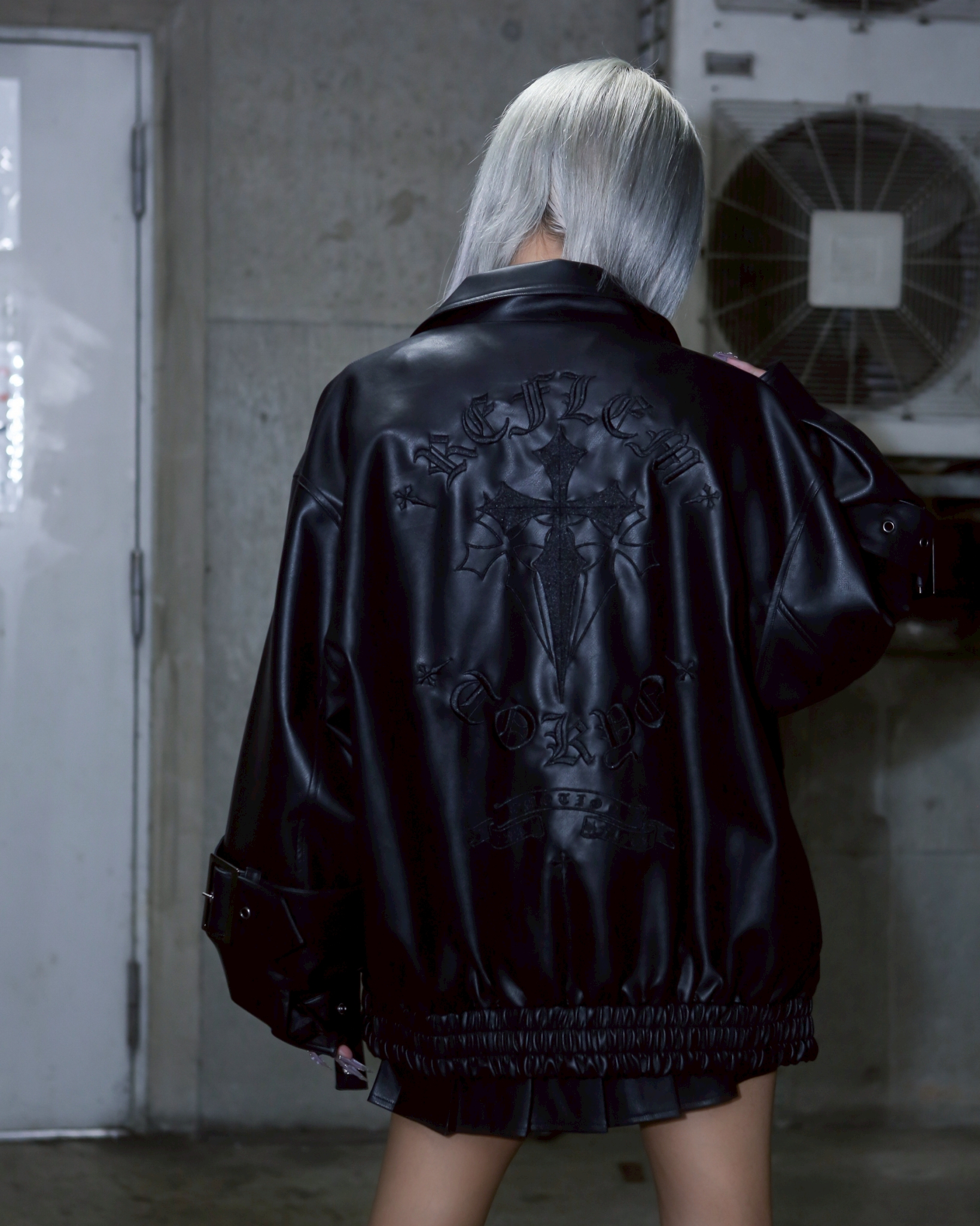 [REFLEM] Cross Embroidered PU Leather Jacket